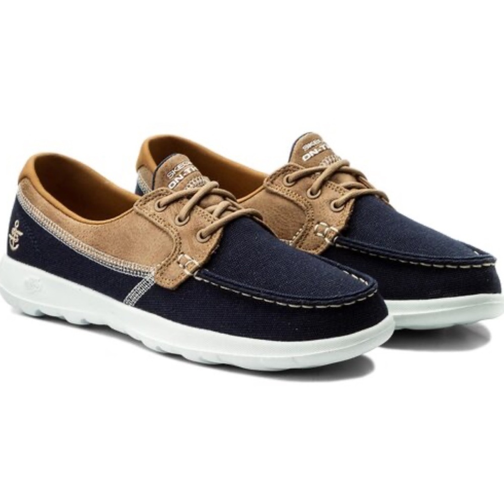 Skechers Womens GO Walk LITE boat shoes textile navy brown 7.5 US